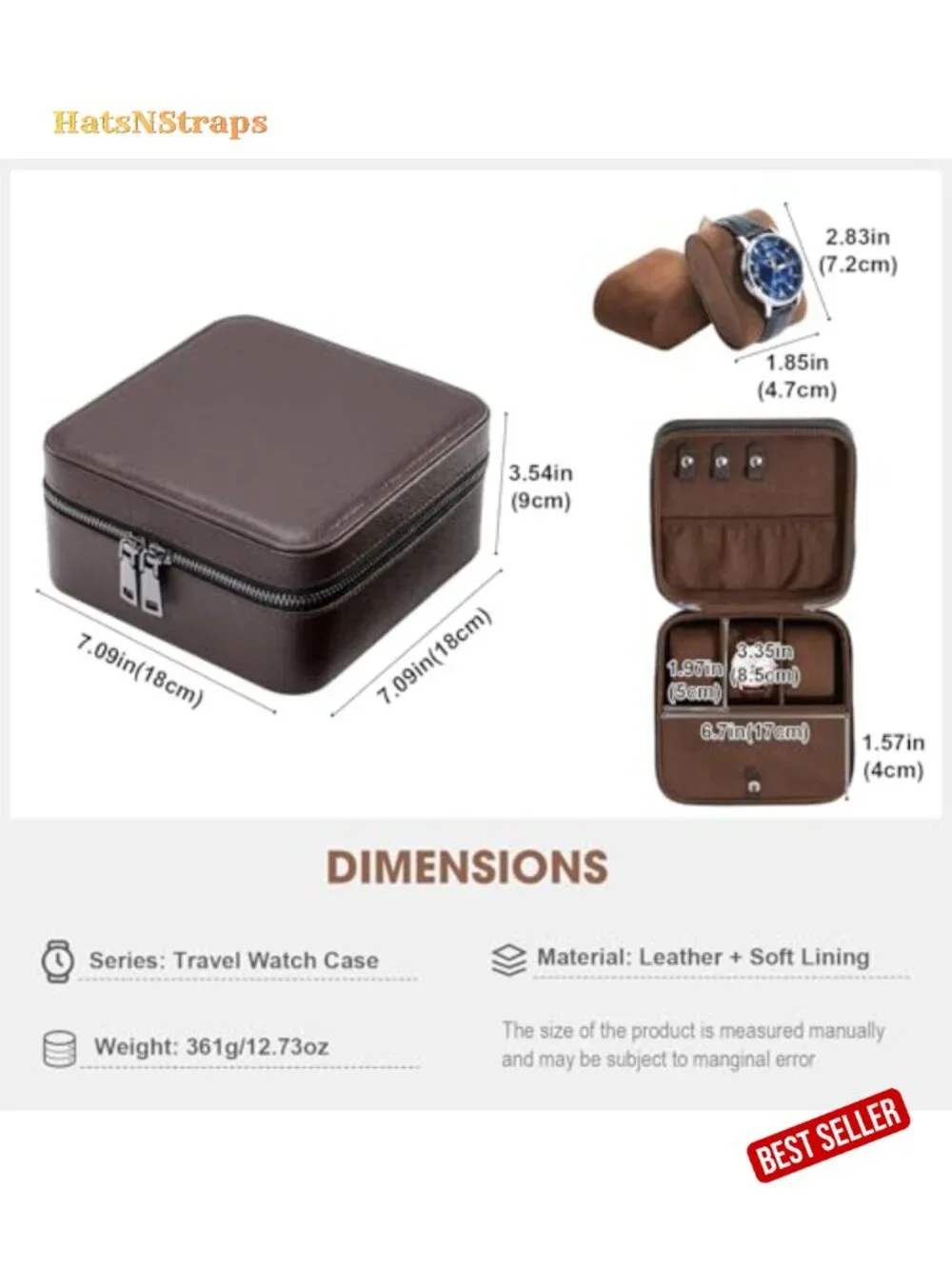 PU Leather Travel Watch Case, 3 Slots Zippered Organizer for Men